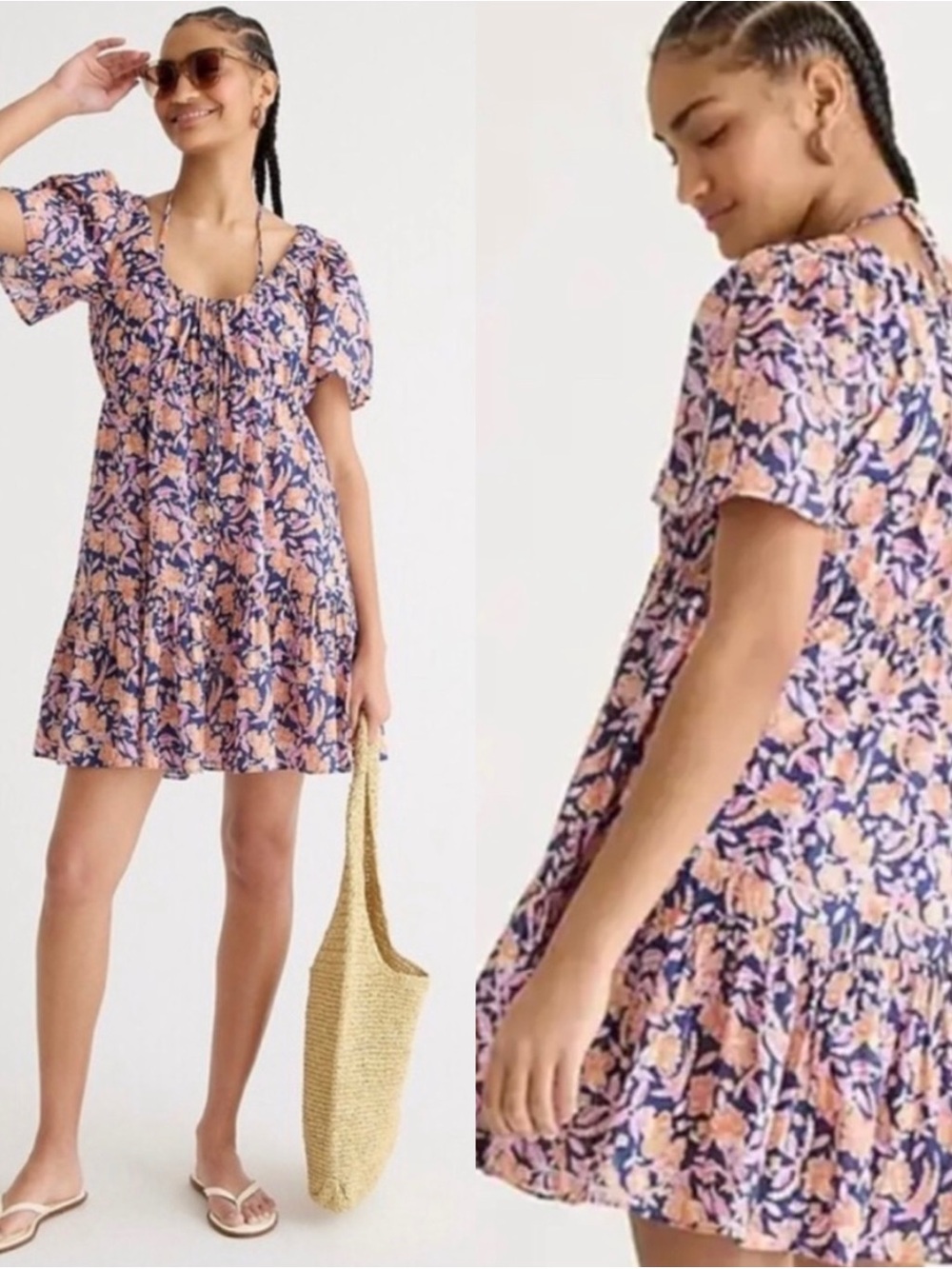💖5/$25 J. Crew Pink Navy Ditsy Floral Puff-Sleeve Tiered Mini Dress Milkmaid